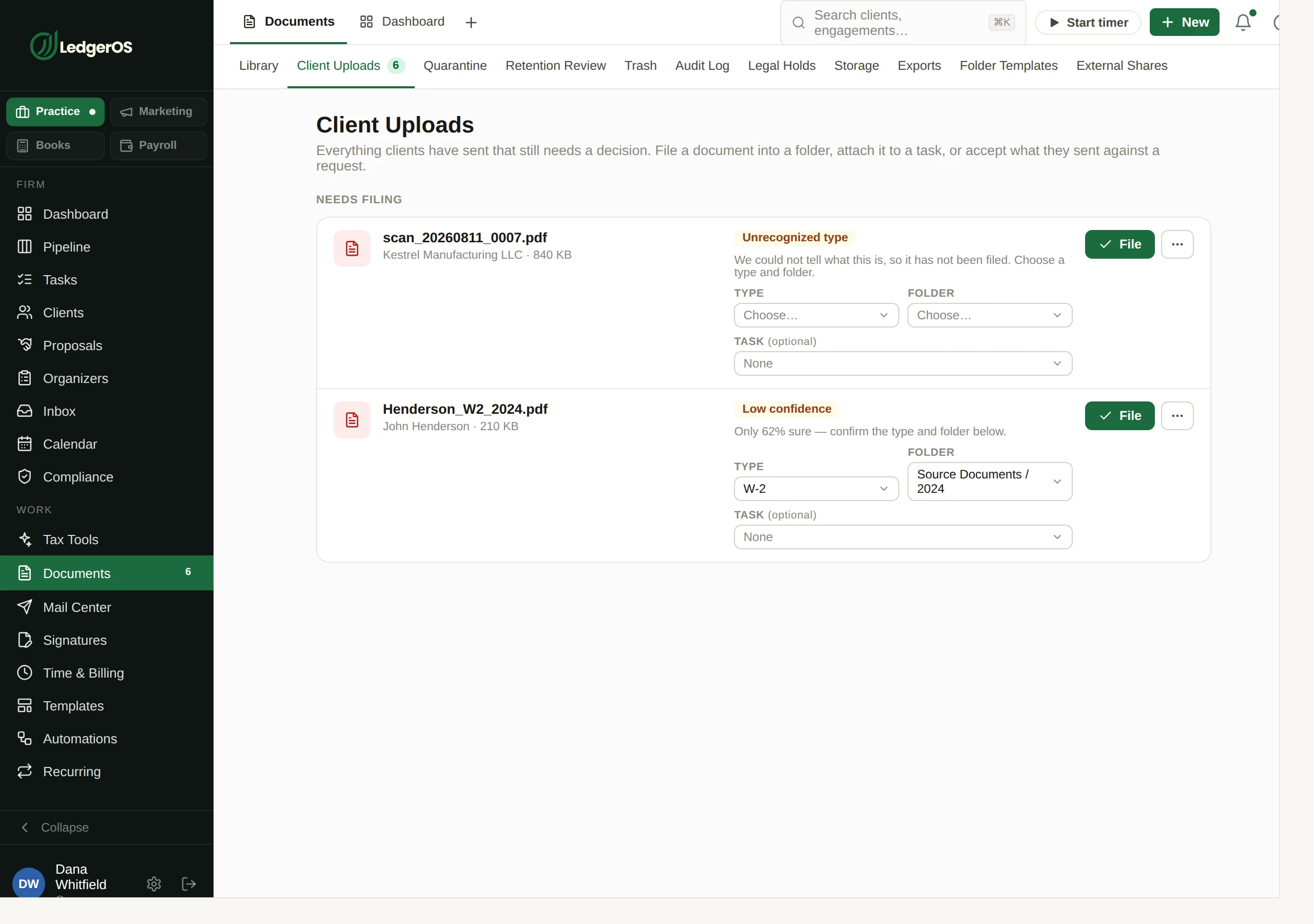 The capture staging lane in LedgerOS, where a document the agent could not match to a client waits with a suggested match.