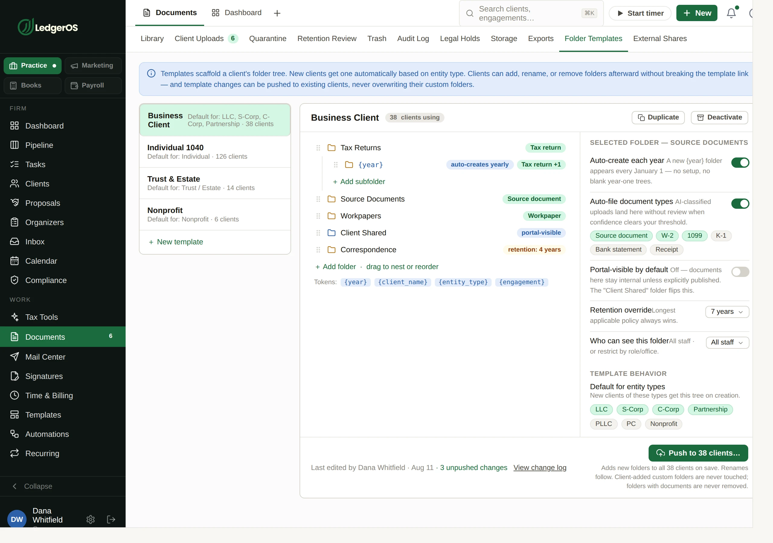 A folder template in LedgerOS, carrying auto-filing rules, portal visibility and retention.