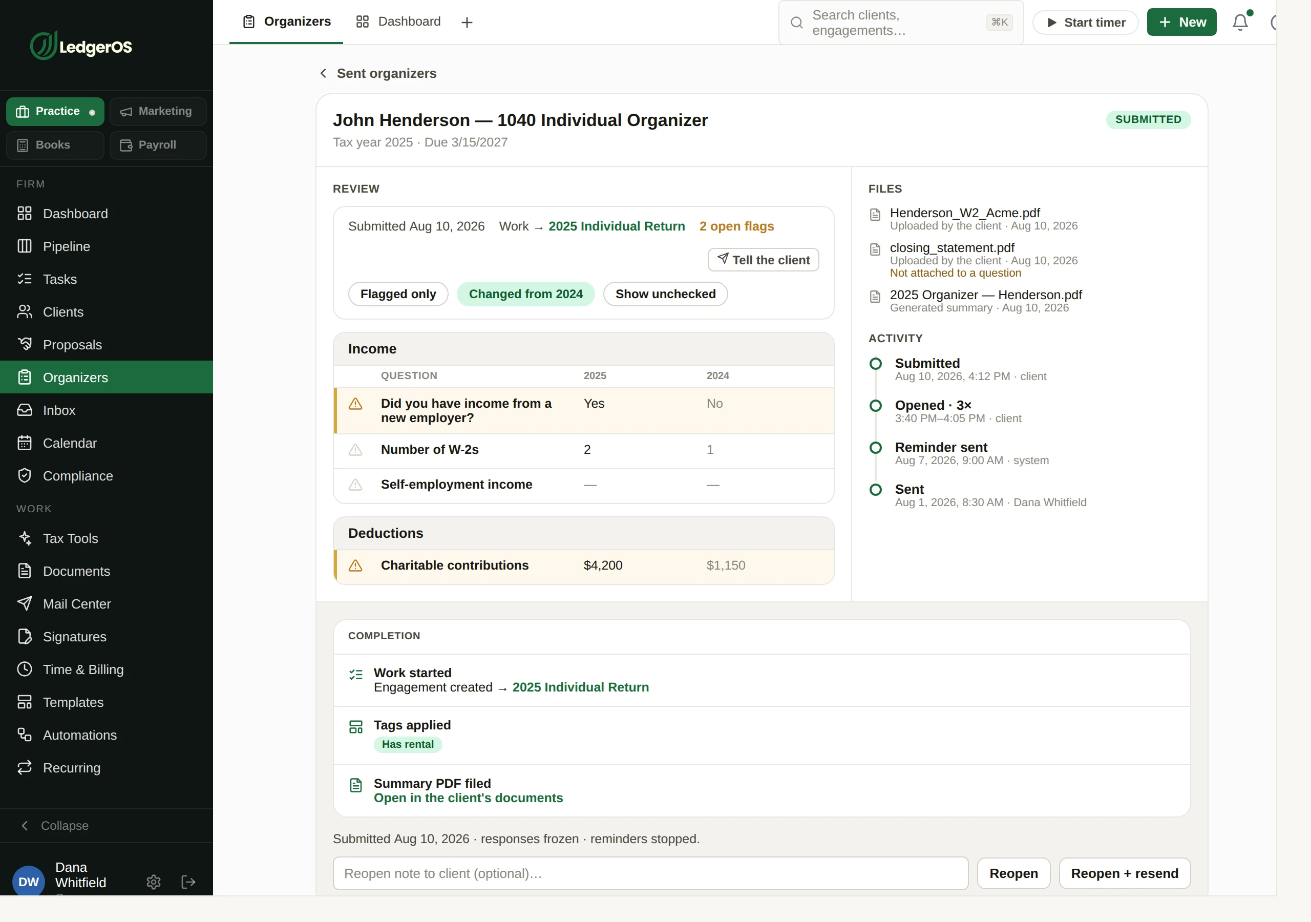 A returned client organizer in LedgerOS, with the client’s answers and the documents they attached.