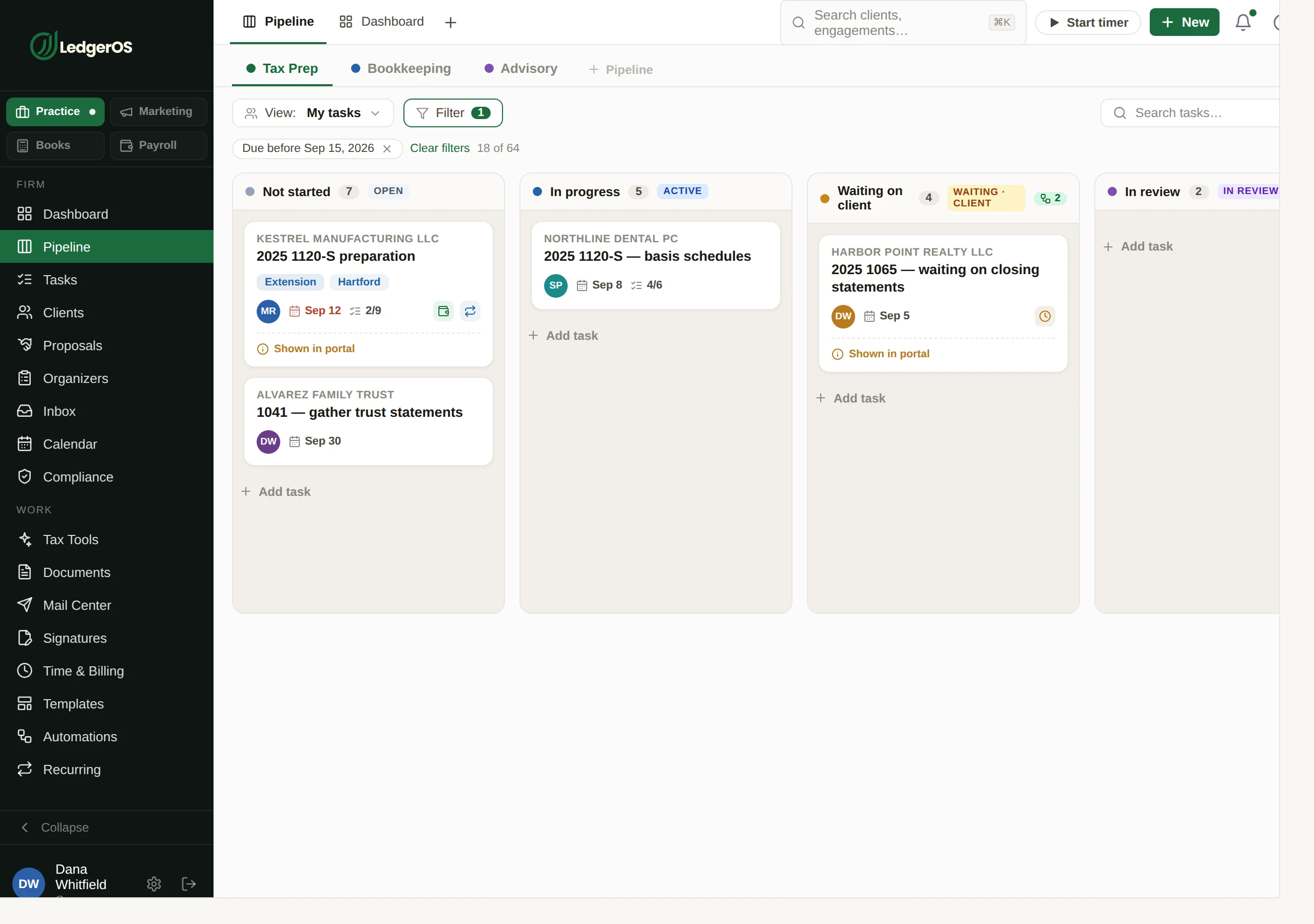 The LedgerOS pipeline board: engagements in Not started, In progress, Waiting on client and In review columns, each card showing the client, the work, its owner and its due date.