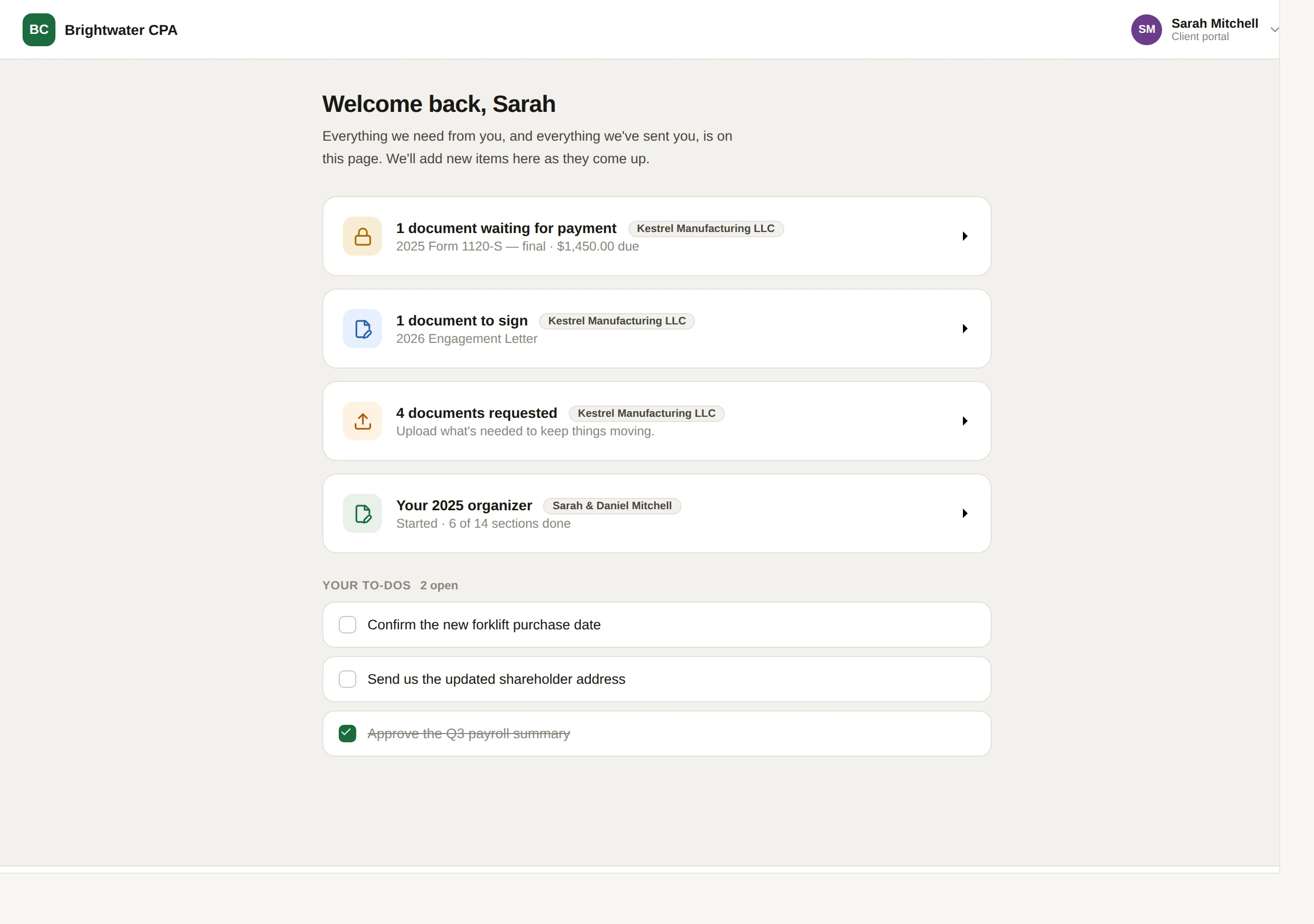 The LedgerOS client portal home, showing a client what their accountant needs from them.