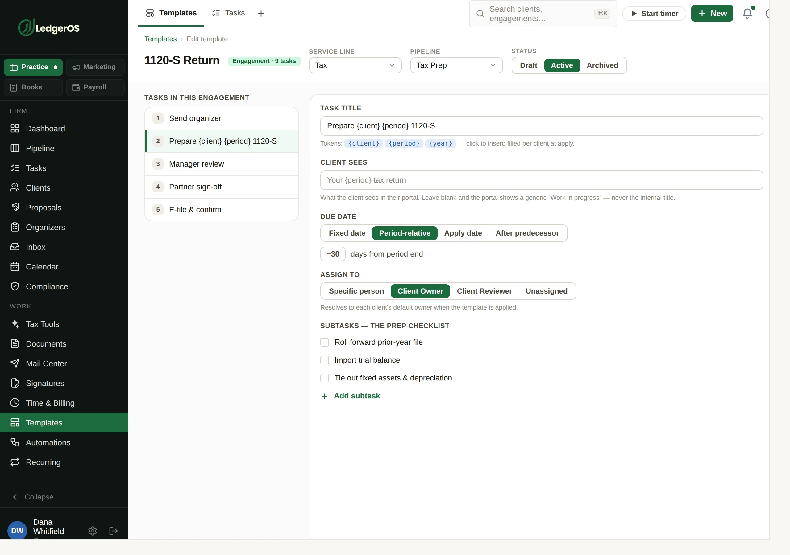 Building a reusable task template in LedgerOS, with its subtasks and default assignments.